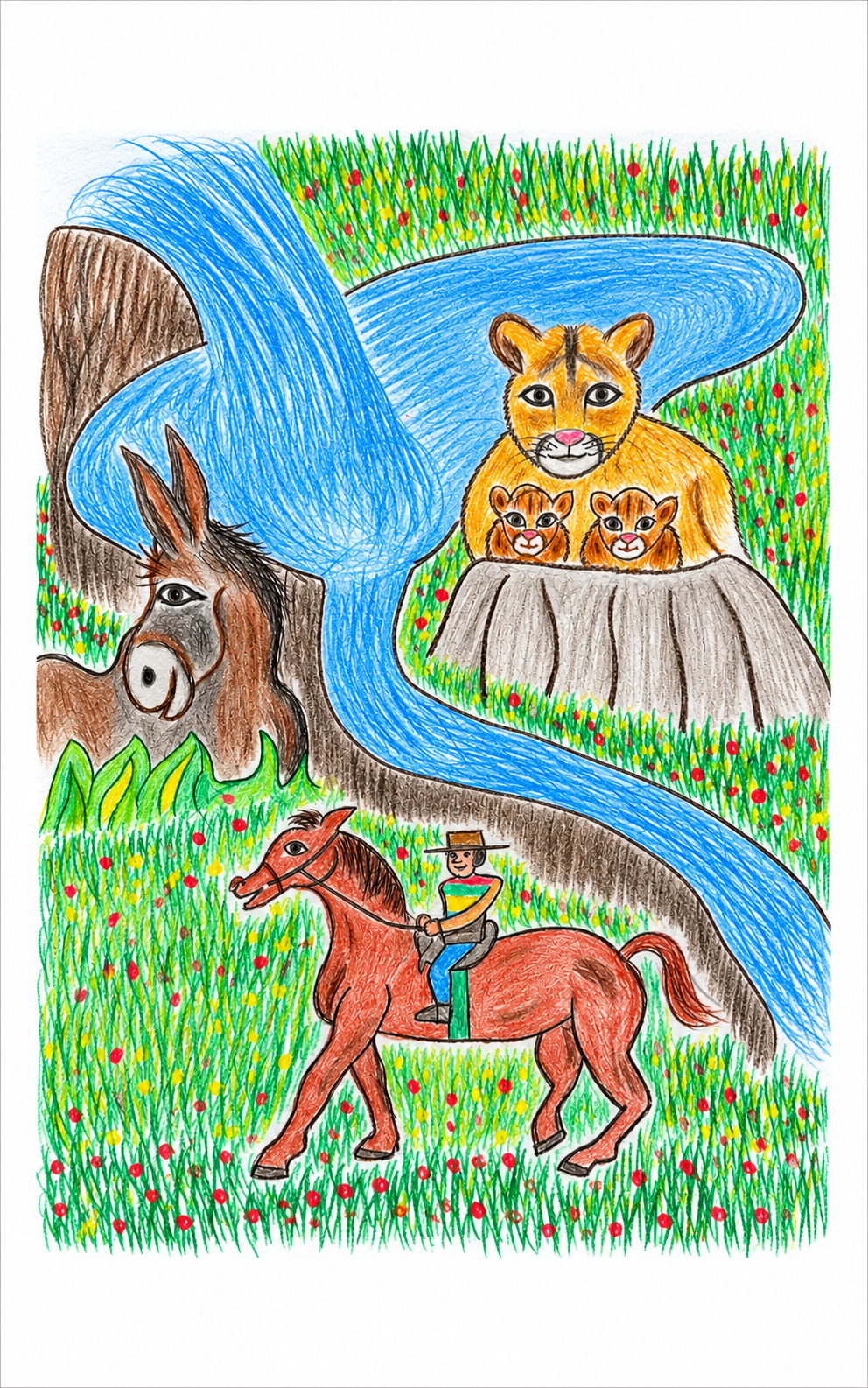 Río encantado entre animales y flores